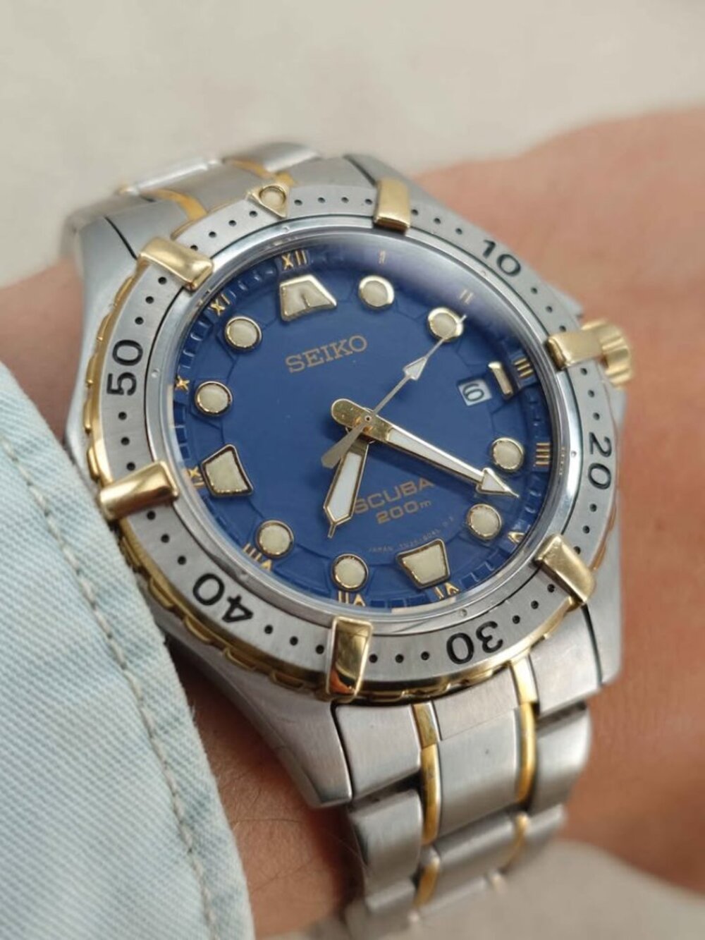 Seiko Scuba Men's Diver Watch 200M 7N35-6060  JDM Blue Dial Two Tone 38mm Works